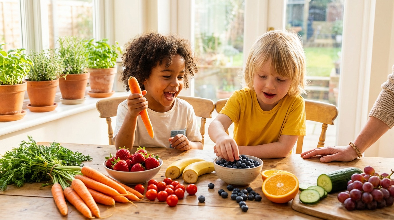 two young boys veggies at a table