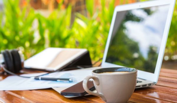 NBB computer coffee outdoors