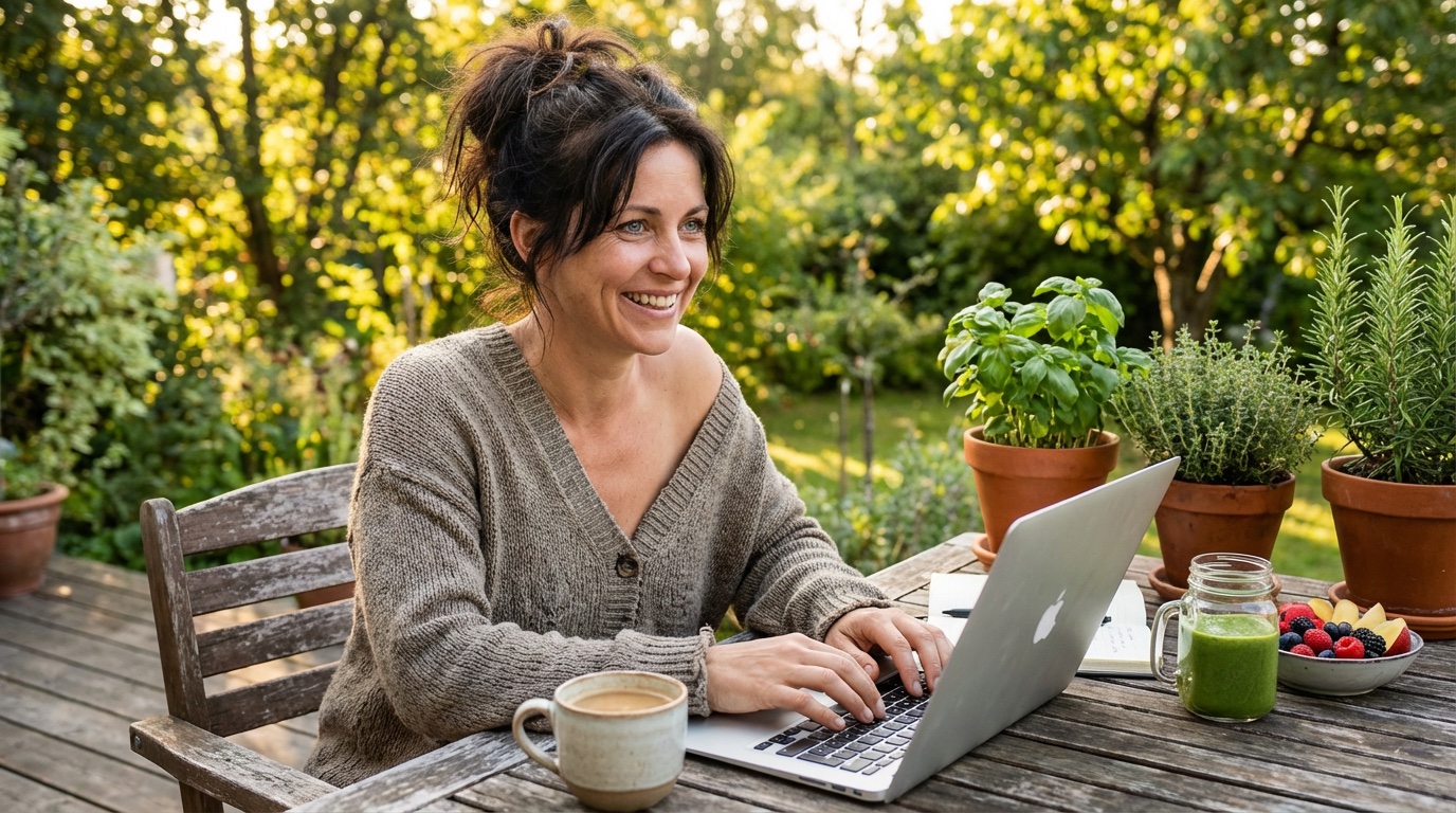 woman outside on deck with computer doing a review