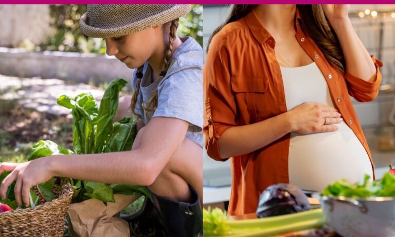 child with plants and pregnant lady