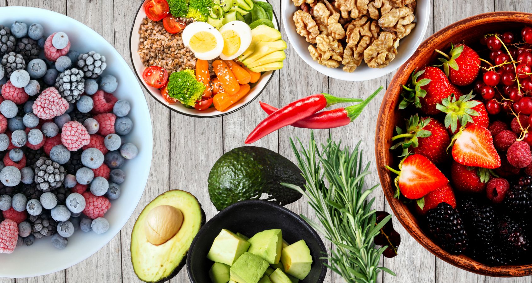 fruit bowls, salad, avocado