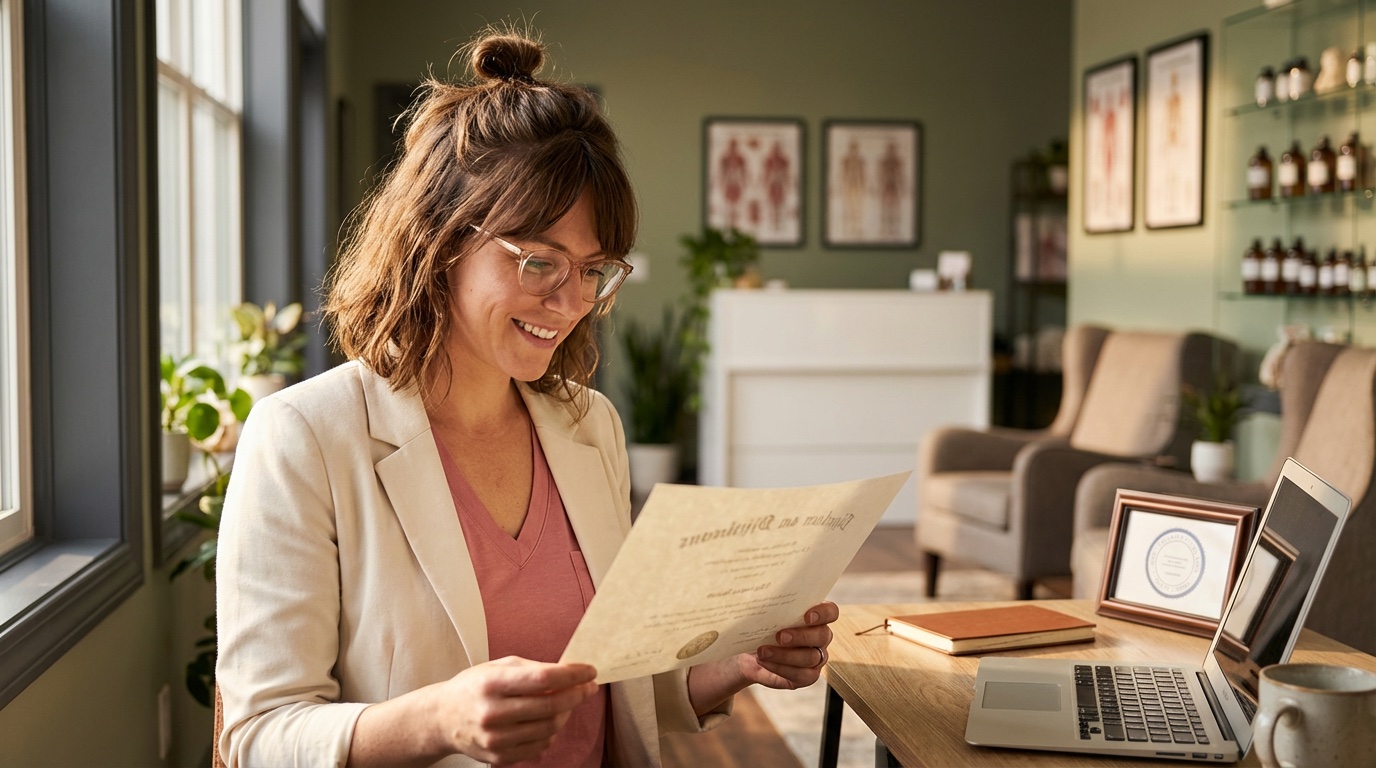 woman health coach clinic holding a certificate