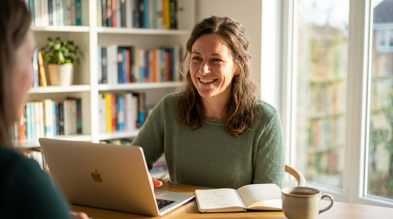 woman health coach with client books and tea